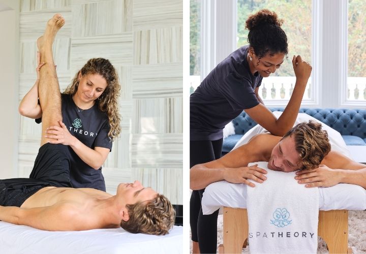 Sports Massage for Recovery: How It Helps You Train and Perform Better A SpaTheory therapist performs a sports massage stretch on the left. On the right, they apply deep tissue pressure