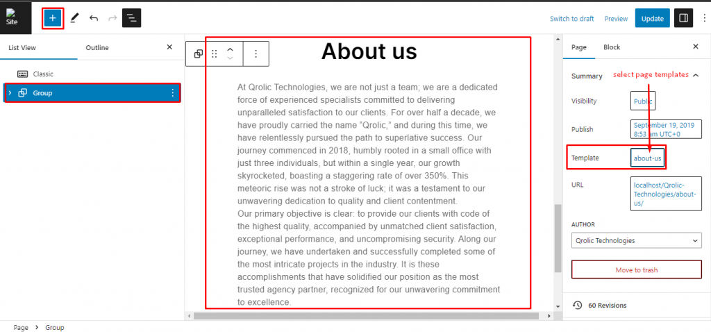about page edit view