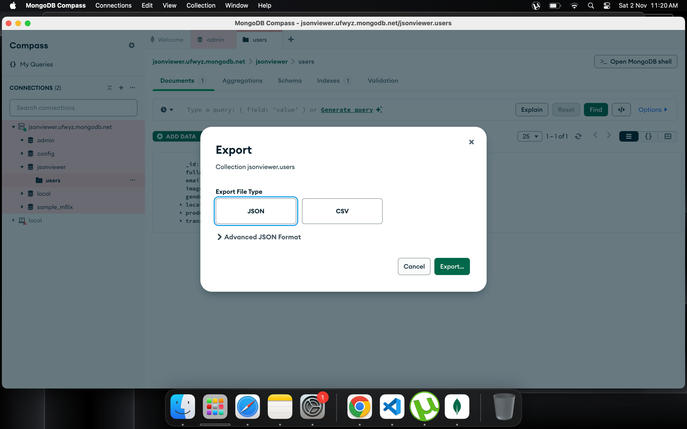 Export mongoDb document