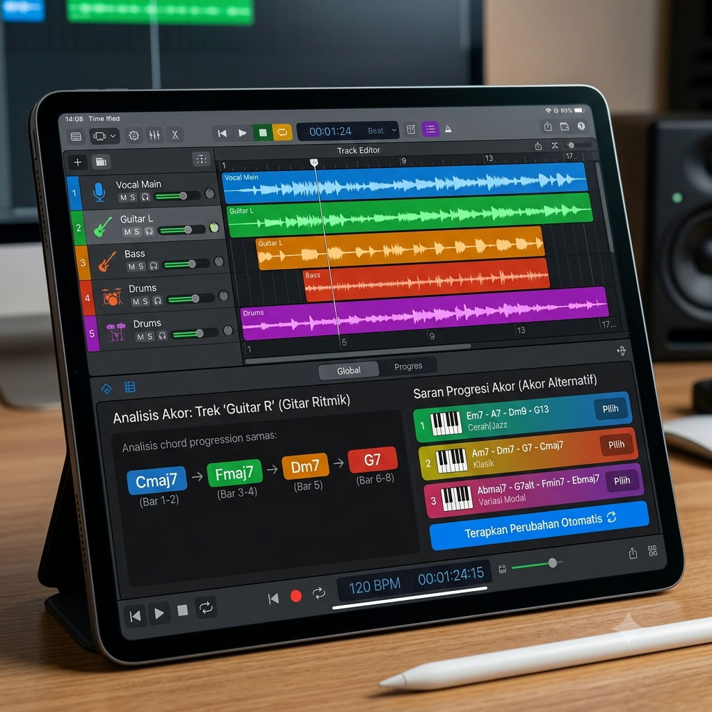 Tampilan antarmuka Logic Pro di iPad Pro, menunjukkan jendela pengatur trek dengan beberapa gelombang suara berwarna-warni. Di bagian bawah layar, terdapat modul baru yang menampilkan hasil analisis akor dari salah satu trek, dengan saran progresi akor dan tombol untuk menerapkan perubahan otomatis.