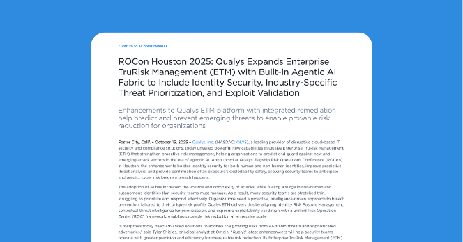 Qualys Expands Enterprise TruRisk Management (ETM) with Built-in Agentic AI Fabric