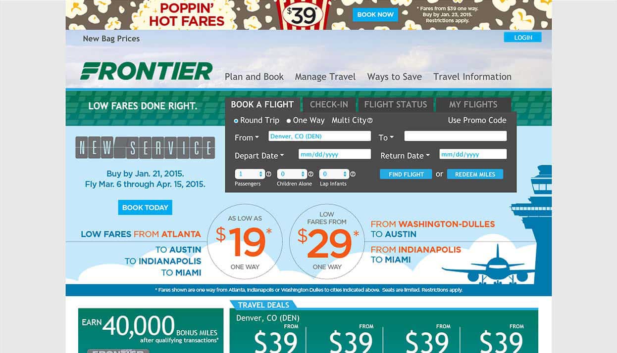 Frontier Airlines home page