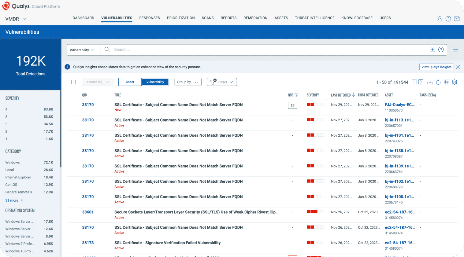 Qualys VMDR Dashboard Detected Vulnerabilities