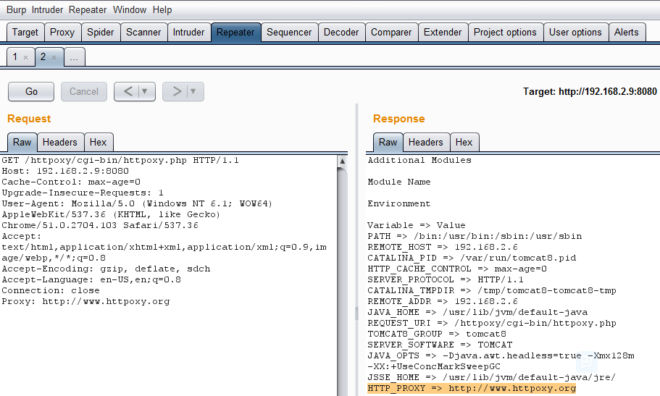 Screen shot of PROXY header infecting HTTP_PROXY environment variable.