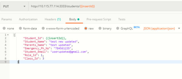 Screenshot of PUT request with "insertId"