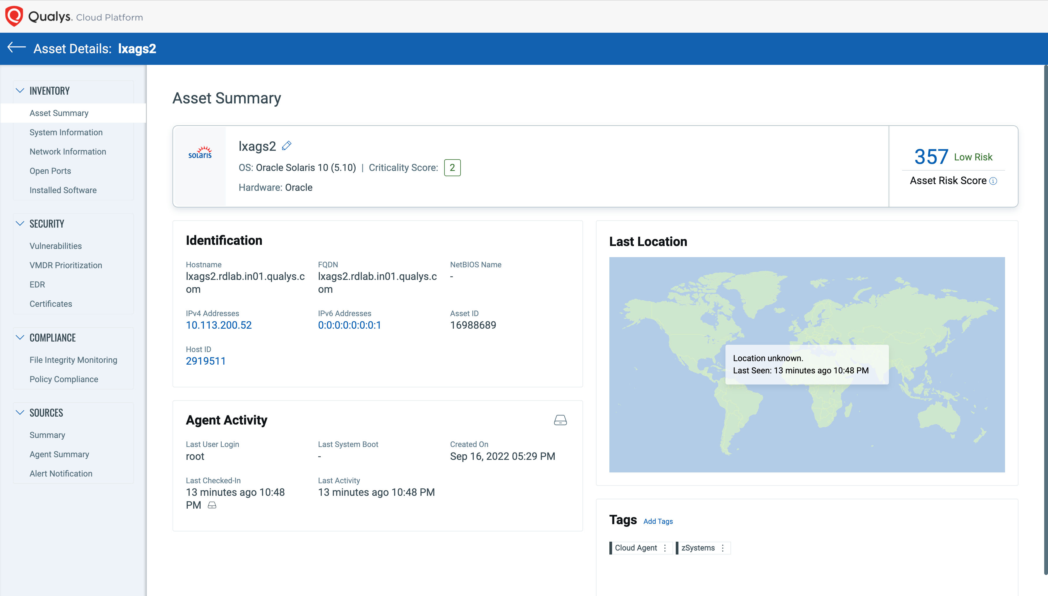 View of Assets Summary tab from Qualys CSAM User Interface (UI)