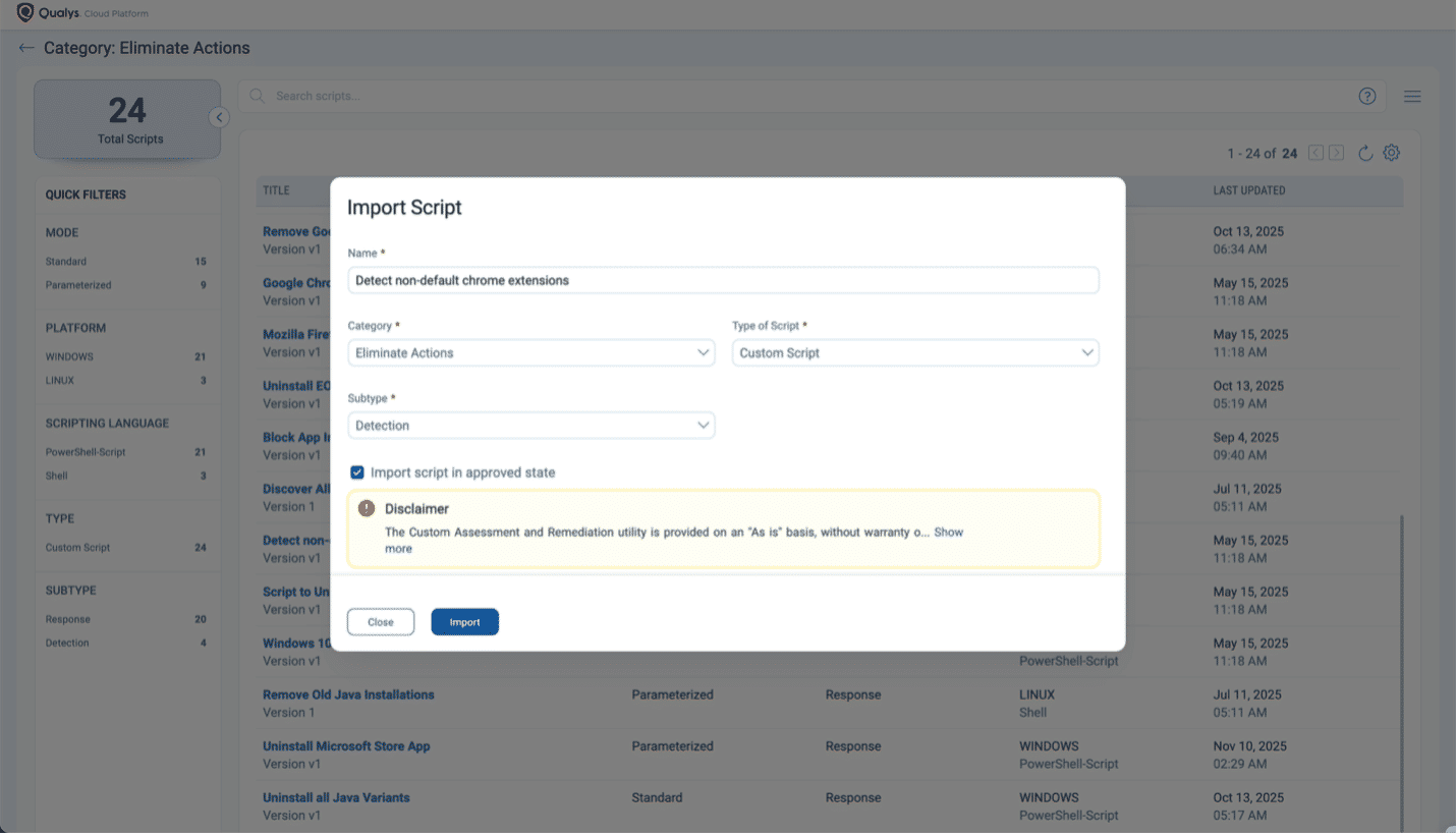 Qualys CAR script execution interface showing detection and removal of unauthorized browser extensions.