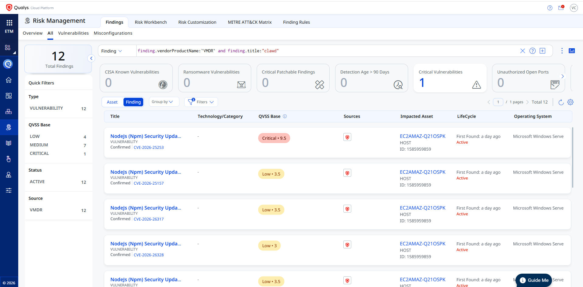 Qualys ETM findings list for the impacted asset