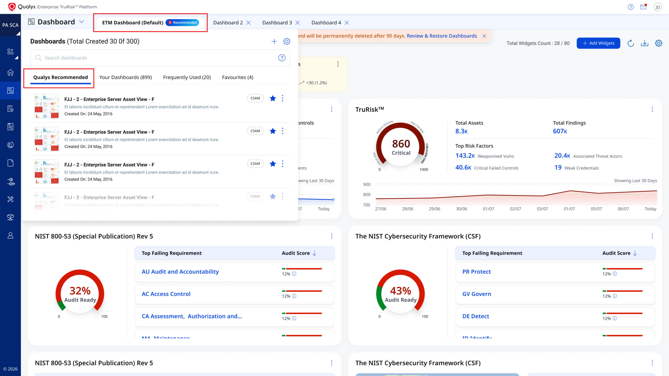 Qualys Recommended dashboards in the Dashboard Picker