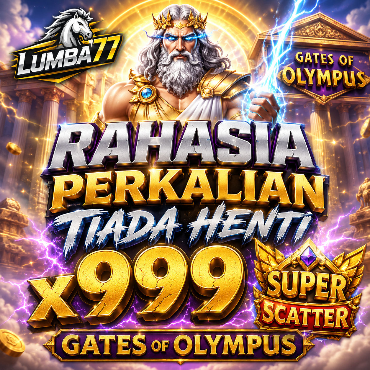 Thumbnail 1 of 3, Poster, LUMBA77: Rahasia Perkalian Tiada Henti x999 Gates Of Olympus Super Scatter designed and sold by LUMBA77.