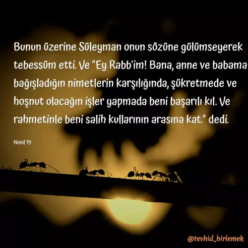 Quote by Galip Yener - Bunun üzerine Süleyman onun sözüne gülümseyerek tebessüm etti. Ve "Ey Rabb'im! Bana, anne ve babama bağışladığın nimetlerin karşılığında, şükretmede ve hoşnut olacağın işler yapmada beni başarılı kıl. Ve rahmetinle beni salih kullarının arasına kat." dedi.

Neml 19 - Made using Quotes Creator App, Post Maker App