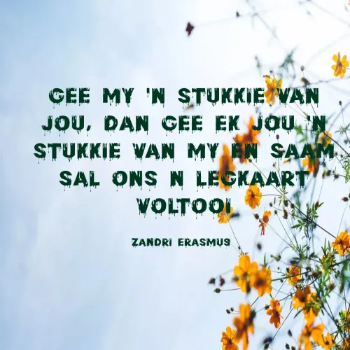 Quote by Zandri Erasmus - Gee my 'n stukkie van jou, Dan gee ek jou 'n stukkie van my en saam sal ons n legkaart voltooi

Zandri Erasmus  - Made using Quotes Creator App, Post Maker App