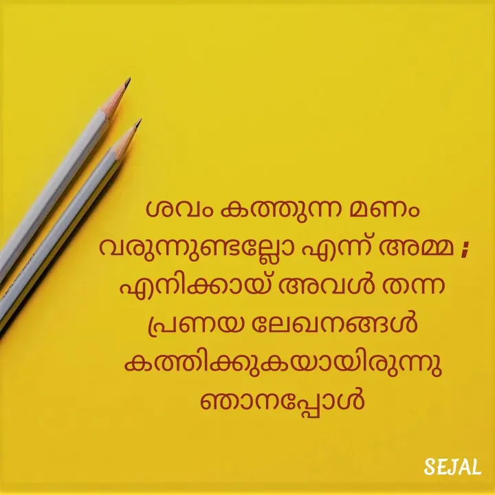Quote by SEJAL K RAVINDRAN - ശവം കത്തുന്ന മണം വരുന്നുണ്ടല്ലോ എന്ന് അമ്മ ;
എനിക്കായ് അവൾ തന്ന പ്രണയ ലേഖനങ്ങൾ കത്തിക്കുകയായിരുന്നു ഞാനപ്പോൾ - Made using Quotes Creator App, Post Maker App
