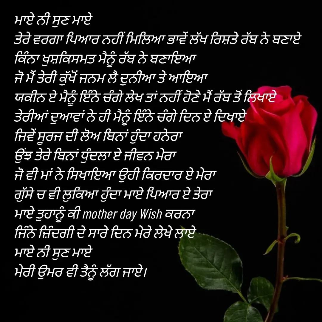 Quote by Bipan Sahni - ਮਾਏ ਨੀ ਸੁਣ ਮਾਏ 
ਤੇਰੇ ਵਰਗਾ ਪਿਆਰ ਨਹੀਂ ਮਿਲਿਆ ਭਾਵੇਂ ਲੱਖ ਰਿਸ਼ਤੇ ਰੱਬ ਨੇ ਬਣਾਏ 
ਕਿੰਨਾ ਖੁਸ਼ਕਿਸਮਤ ਮੈਨੂੰ ਰੱਬ ਨੇ ਬਣਾਇਆ 
ਜੋ ਮੈਂ ਤੇਰੀ ਕੁੱਖੋਂ ਜਨਮ ਲੈ ਦੁਨੀਆ ਤੇ ਆਇਆ 
ਯਕੀਨ ਏ ਮੈਨੂੰ ਇੰਨੇ ਚੰਗੇ ਲੇਖ ਤਾਂ ਨਹੀਂ ਹੋਣੇ ਮੈਂ ਰੱਬ ਤੋਂ ਲਿਖਾਏ 
ਤੇਰੀਆਂ ਦੁਆਵਾਂ ਨੇ ਹੀ ਮੈਨੂੰ ਇੰਨੇ ਚੰਗੇ ਦਿਨ ਏ ਦਿਖਾਏ 
ਜਿਵੇਂ ਸੂਰਜ ਦੀ ਲੋਅ ਬਿਨਾਂ ਹੁੰਦਾ ਹਨੇਰਾ 
ਉਂਝ ਤੇਰੇ ਬਿਨਾਂ ਧੁੰਦਲਾ ਏ ਜੀਵਨ ਮੇਰਾ 
ਜੋ ਵੀ ਮਾਂ ਨੇ ਸਿਖਾਇਆ ਉਹੀ ਕਿਰਦਾਰ ਏ ਮੇਰਾ 
ਗੁੱਸੇ ਚ ਵੀ ਲੁਕਿਆ ਹੁੰਦਾ ਮਾਏ ਪਿਆਰ ਏ ਤੇਰਾ 
ਮਾਏ ਤੁਹਾਨੂੰ ਕੀ mother day Wish ਕਰਨਾ 
ਜਿੰਨੇ ਜ਼ਿੰਦਗੀ ਦੇ ਸਾਰੇ ਦਿਨ ਮੇਰੇ ਲੇਖੇ ਲਾਏ 
ਮਾਏ ਨੀ ਸੁਣ ਮਾਏ 
ਮੇਰੀ ਉਮਰ ਵੀ ਤੈਨੂੰ ਲੱਗ ਜਾਏ। - Made using Quotes Creator App, Post Maker App