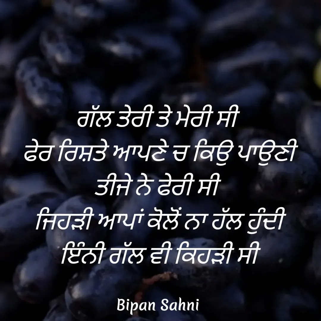 Quote by Bipan Sahni - ਗੱਲ ਤੇਰੀ ਤੇ ਮੇਰੀ ਸੀ 
ਫੇਰ ਰਿਸ਼ਤੇ ਆਪਣੇ ਚ ਕਿਉ ਪਾਉਣੀ ਤੀਜੇ ਨੇ ਫੇਰੀ ਸੀ 
ਜਿਹੜੀ ਆਪਾਂ ਕੋਲੋਂ ਨਾ ਹੱਲ ਹੁੰਦੀ     ਇੰਨੀ ਗੱਲ ਵੀ ਕਿਹੜੀ ਸੀ - Made using Quotes Creator App, Post Maker App