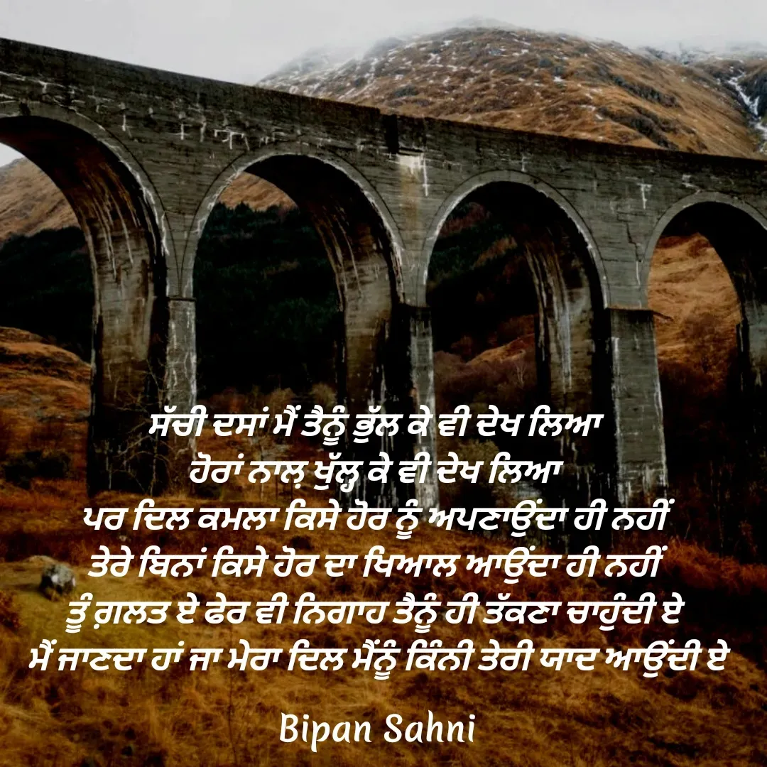 Quote by Bipan Sahni - ਸੱਚੀ ਦਸਾਂ ਮੈਂ ਤੈਨੂੰ ਭੁੱਲ ਕੇ ਵੀ ਦੇਖ ਲਿਆ 
ਹੋਰਾਂ ਨਾਲ਼ ਖੁੱਲ੍ਹ ਕੇ ਵੀ ਦੇਖ ਲਿਆ 
ਪਰ ਦਿਲ ਕਮਲਾ ਕਿਸੇ ਹੋਰ ਨੂੰ ਅਪਣਾਉਂਦਾ ਹੀ ਨਹੀਂ 
ਤੇਰੇ ਬਿਨਾਂ ਕਿਸੇ ਹੋਰ ਦਾ ਖਿਆਲ ਆਉਂਦਾ ਹੀ ਨਹੀਂ 
ਤੂੰ ਗ਼ਲਤ ਏ ਫੇਰ ਵੀ ਨਿਗਾਹ ਤੈਨੂੰ ਹੀ ਤੱਕਣਾ ਚਾਹੁੰਦੀ ਏ 
ਮੈਂ ਜਾਣਦਾ ਹਾਂ ਜਾ ਮੇਰਾ ਦਿਲ ਮੈਂਨੂੰ ਕਿੰਨੀ ਤੇਰੀ ਯਾਦ ਆਉਂਦੀ ਏ - Made using Quotes Creator App, Post Maker App