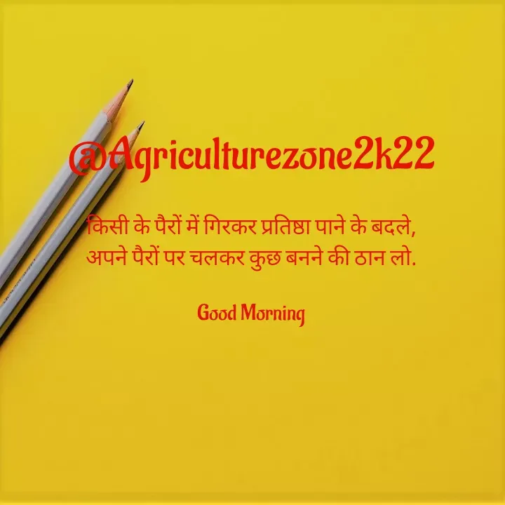 Quote by motivation pari🧚‍♀️ - @Agriculturezone2k22

किसी के पैरों में गिरकर प्रतिष्ठा पाने के बदले,
अपने पैरों पर चलकर कुछ बनने की ठान लो.

Good Morning - Made using Quotes Creator App, Post Maker App