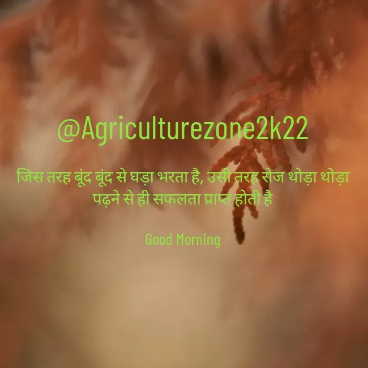 Quote by motivation pari🧚‍♀️ - @Agriculturezone2k22

जिस तरह बूंद बूंद से घड़ा भरता है, उसी तरह रोज थोड़ा थोड़ा पढ़ने से ही सफलता प्राप्त होती है

Good Morning - Made using Quotes Creator App, Post Maker App