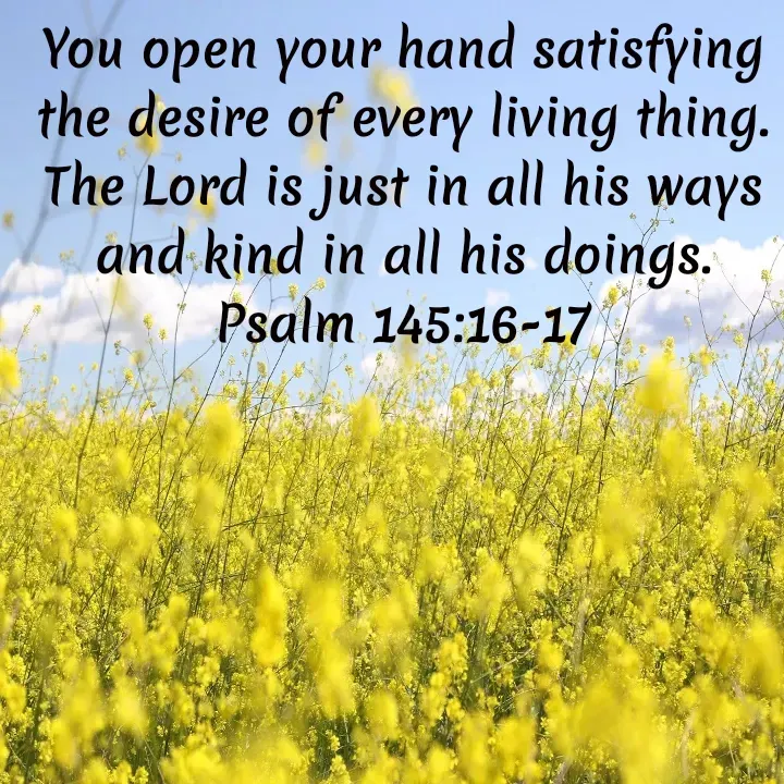 Quote by Felsi D'souza - You open your hand satisfying the desire of every living thing. The Lord is just in all his ways and kind in all his doings.
Psalm 145:16-17 - Made using Quotes Creator App, Post Maker App