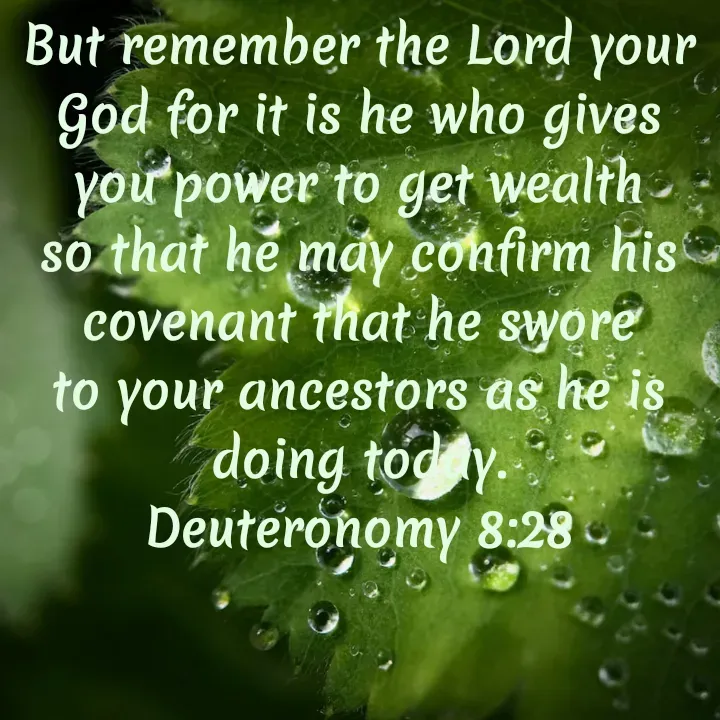 Quote by Felsi D'souza - But remember the Lord your God for it is he who gives you power to get wealth so that he may confirm his covenant that he swore to your ancestors as he is doing today.
Deuteronomy 8:28 - Made using Quotes Creator App, Post Maker App