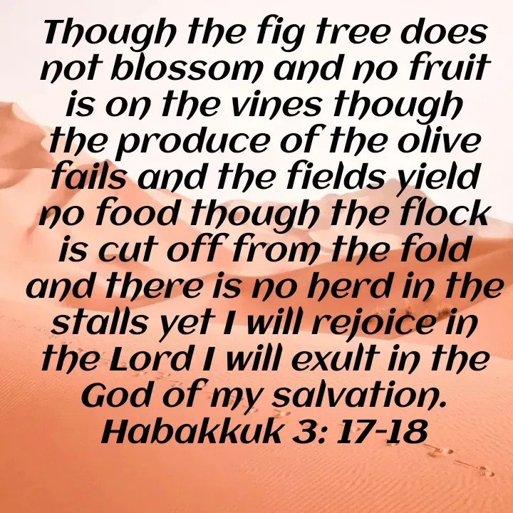 Quote by Felsi D'souza - Though the fig tree does not blossom and no fruit is on the vines though the produce of the olive fails and the fields yield no food though the flock is cut off from the fold and there is no herd in the stalls yet I will rejoice in the Lord I will exult in the God of my salvation.
Habakkuk 3: 17-18 - Made using Quotes Creator App, Post Maker App