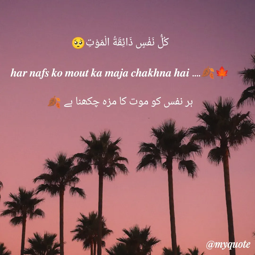 Quote by wasim Ansari - كُلُّ نَفْسٍ ذَائِقَةُ الْمَوْتِ🥺

𝒉𝒂𝒓 𝒏𝒂𝒇𝒔 𝒌𝒐 𝒎𝒐𝒖𝒕 𝒌𝒂 𝒎𝒂𝒋𝒂 𝒄𝒉𝒂𝒌𝒉𝒏𝒂 𝒉𝒂𝒊 ....🍂🍁
      
ہر نفس کو موت کا مزہ چکھنا ہے 🍂 - Made using Quotes Creator App, Post Maker App
