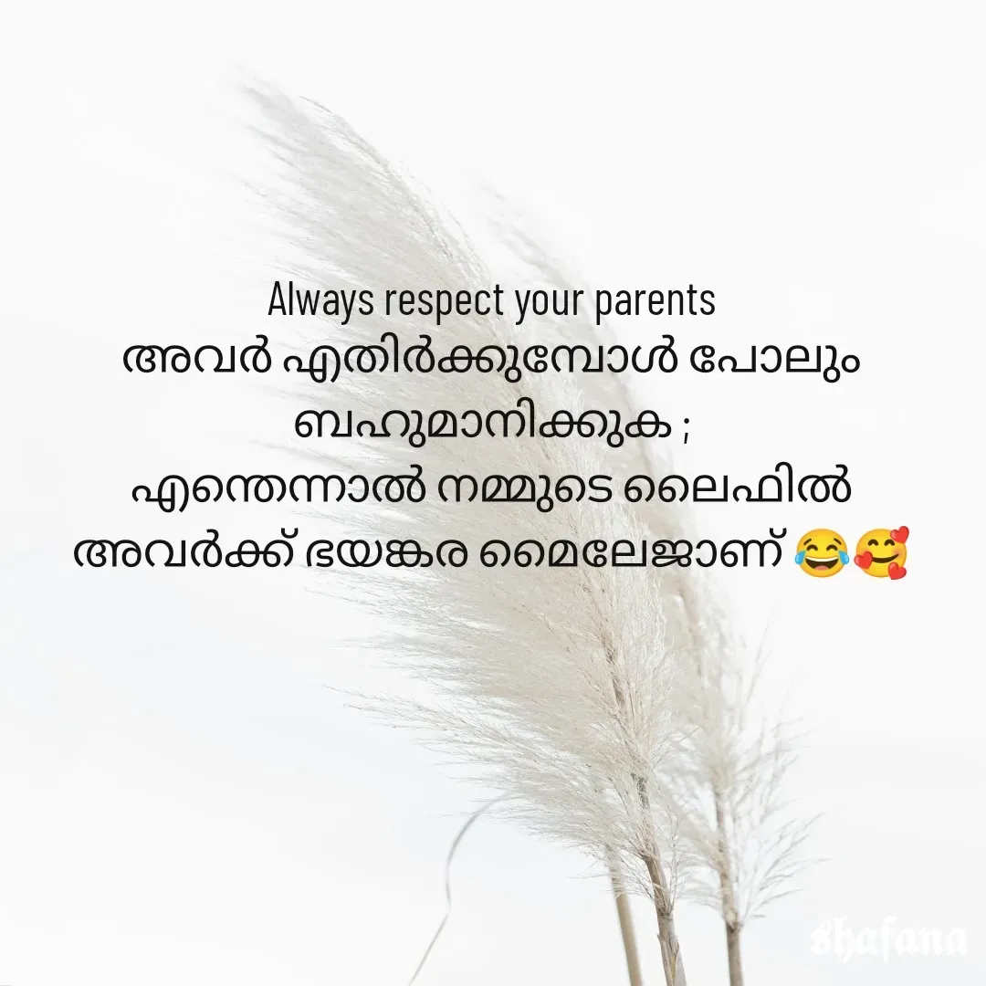 Quote by shafana - Always respect your parents
അവർ എതിർക്കുമ്പോൾ പോലും ബഹുമാനിക്കുക ;
എന്തെന്നാൽ നമ്മുടെ ലൈഫിൽ അവർക്ക് ഭയങ്കര മൈലേജാണ് 😂🥰 - Made using Quotes Creator App, Post Maker App