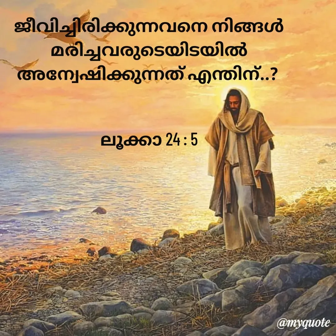 Quote by Nerphin Vincent - ജീവിച്ചിരിക്കുന്നവനെ നിങ്ങള്‍ മരിച്ചവരുടെയിടയില്‍ അന്വേഷിക്കുന്നത്‌ എന്തിന്‌..? 


ലൂക്കാ 24 : 5 - Made using Quotes Creator App, Post Maker App