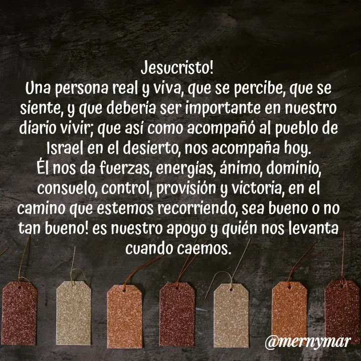 Quote by Merny Tona - Jesucristo! 
Una persona real y viva, que se percibe, que se siente, y que debería ser importante en nuestro diario vivir; que así como acompañó al pueblo de Israel en el desierto, nos acompaña hoy.
Él nos da fuerzas, energías, ánimo, dominio, consuelo, control, provisión y victoria, en el camino que estemos recorriendo, sea bueno o no tan bueno! es nuestro apoyo y quién nos levanta cuando caemos. - Made using Quotes Creator App, Post Maker App