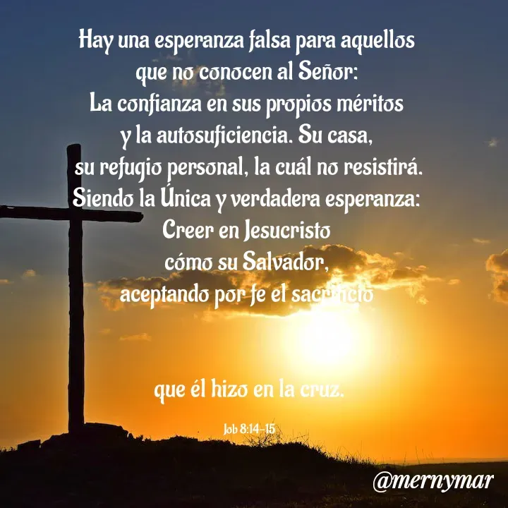 Quote by Merny Tona - Hay una esperanza falsa para aquellos 
que no conocen al Señor: 
La confianza en sus propios méritos 
y la autosuficiencia. Su casa, 
su refugio personal, la cuál no resistirá.
Siendo la Única y verdadera esperanza: 
Creer en Jesucristo 
cómo su Salvador, 
aceptando por fe el sacrificio 


que él hizo en la cruz.

Job 8:14-15 - Made using Quotes Creator App, Post Maker App