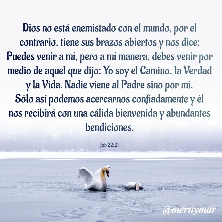 Quote by Merny Tona - Dios no está enemistado con el mundo, por el contrario, tiene sus brazos abiertos y nos dice: Puedes venir a mí, pero a mí manera, debes venir por medio de aquel que dijo: Yo soy el Camino, la Verdad y la Vida. Nadie viene al Padre sino por mí.
Sólo así podemos acercarnos confiadamente y él nos recibirá con una cálida bienvenida y abundantes bendiciones.

Job 22:21 - Made using Quotes Creator App, Post Maker App