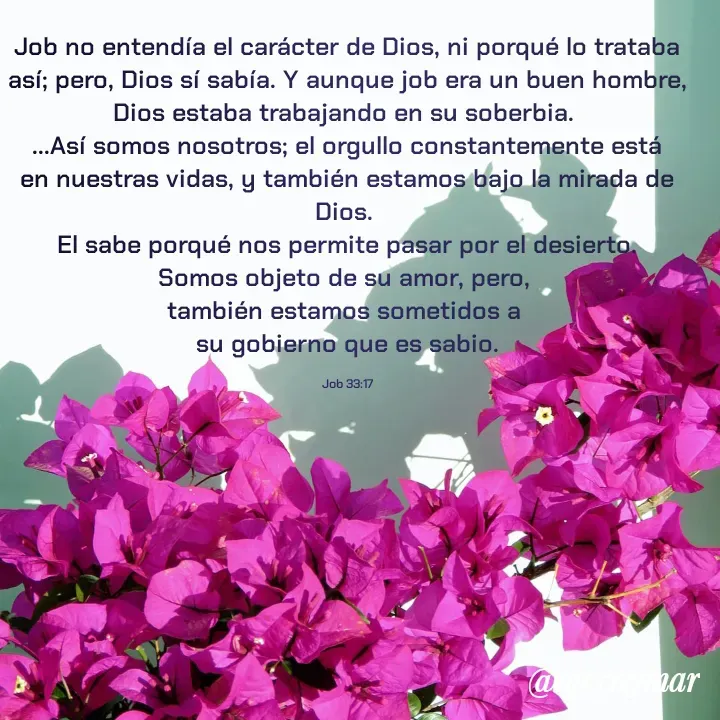 Quote by Merny Tona - Job no entendía el carácter de Dios, ni porqué lo trataba así; pero, Dios sí sabía. Y aunque job era un buen hombre, Dios estaba trabajando en su soberbia. 
...Así somos nosotros; el orgullo constantemente está en nuestras vidas, y también estamos bajo la mirada de Dios. 
El sabe porqué nos permite pasar por el desierto.
Somos objeto de su amor, pero, 
también estamos sometidos a 
su gobierno que es sabio.

Job 33:17 - Made using Quotes Creator App, Post Maker App
