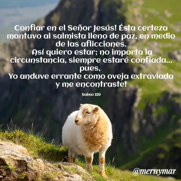 Quote by Merny Tona - Confiar en el Señor Jesús! Ésta certeza mantuvo al salmista lleno de paz, en medio de las aflicciones.
 Así quiero estar; no importa la circunstancia, siempre estaré confiada... pues, 
Yo anduve errante como oveja extraviada y me encontraste!

Salmo 119 - Made using Quotes Creator App, Post Maker App