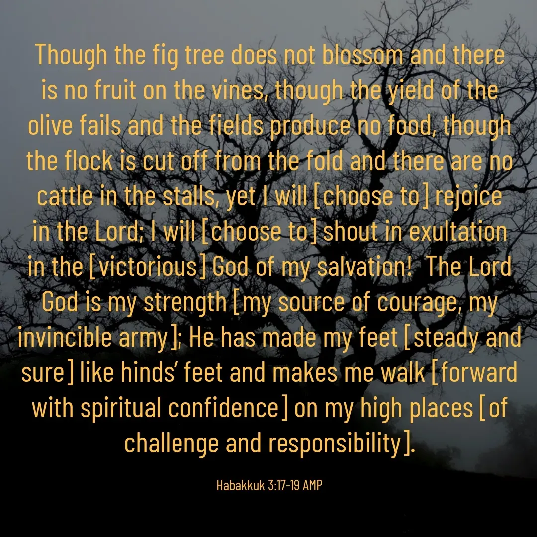 Quote by Lizle De Jager - 
Though the fig tree does not blossom and there is no fruit on the vines, though the yield of the olive fails and the fields produce no food, though the flock is cut off from the fold and there are no cattle in the stalls, yet I will [choose to] rejoice in the Lord; I will [choose to] shout in exultation in the [victorious] God of my salvation!  The Lord God is my strength [my source of courage, my invincible army]; He has made my feet [steady and sure] like hinds’ feet and makes me walk [forward with spiritual confidence] on my high places [of challenge and responsibility].

‭‭Habakkuk‬ ‭3:17‭-‬19‬ ‭AMP‬‬ - Made using Quotes Creator App, Post Maker App