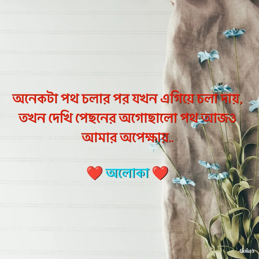 Quote by Aloka Biswas Saha - অনেকটা পথ চলার পর যখন এগিয়ে চলা দায়,
তখন দেখি পেছনের অগোছালো পথ আজ‌ও আমার অপেক্ষায়..

❤️ অলোকা ❤️ - Made using Quotes Creator App, Post Maker App