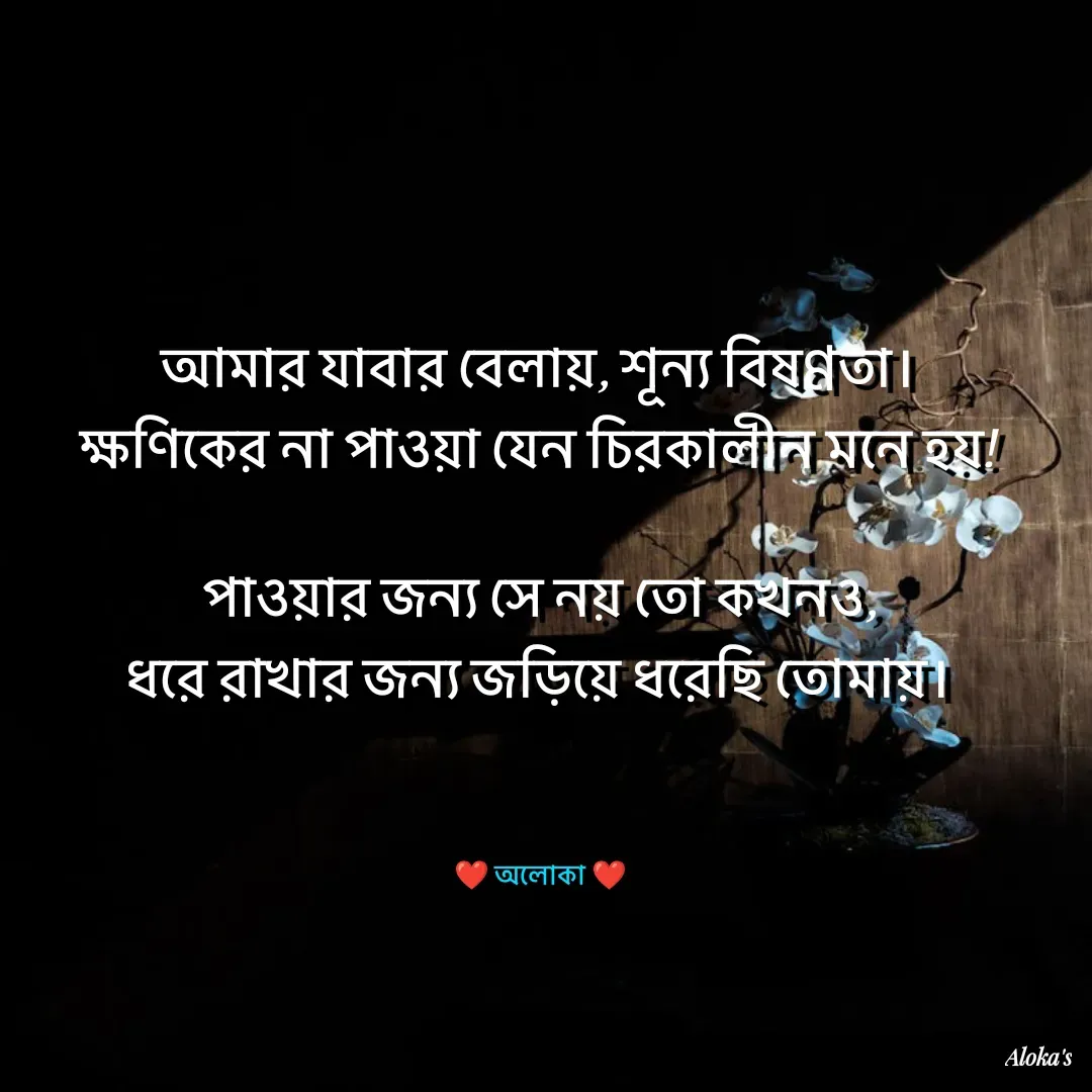 Quote by Aloka Biswas Saha - আমার যাবার বেলায়, শূন্য বিষণ্ণতা।
ক্ষণিকের না পাওয়া যেন চিরকালীন মনে হয়!

পাওয়ার জন্য সে নয় তো কখন‌ও,
ধরে রাখার জন্য জড়িয়ে ধরেছি তোমায়।



❤️ অলোকা ❤️ - Made using Quotes Creator App, Post Maker App