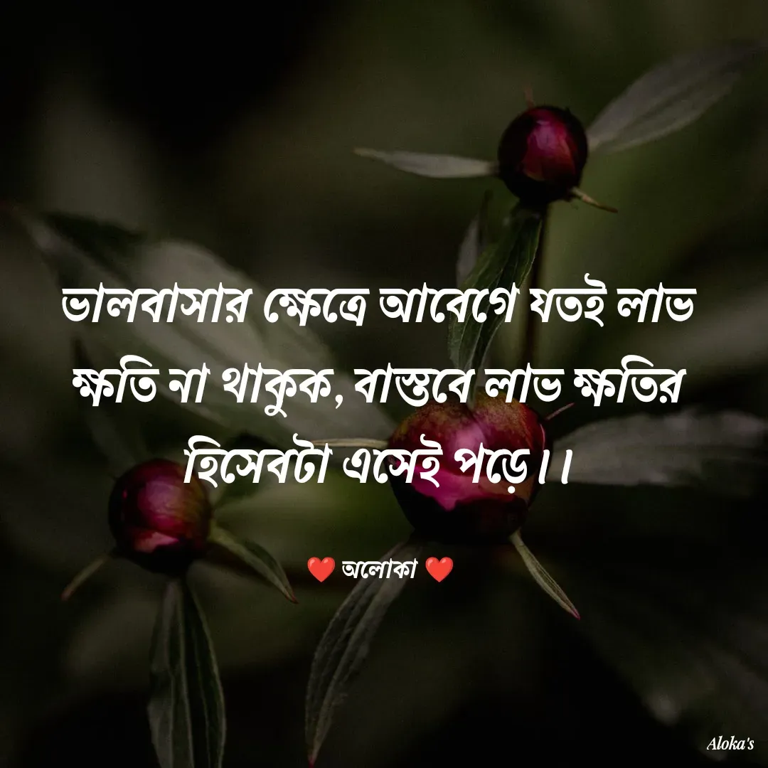 Quote by Aloka Biswas Saha - ভালবাসার ক্ষেত্রে আবেগে যতই লাভ ক্ষতি না থাকুক, বাস্তবে লাভ ক্ষতির হিসেবটা এসেই পড়ে।।

❤️ অলোকা ❤️ - Made using Quotes Creator App, Post Maker App