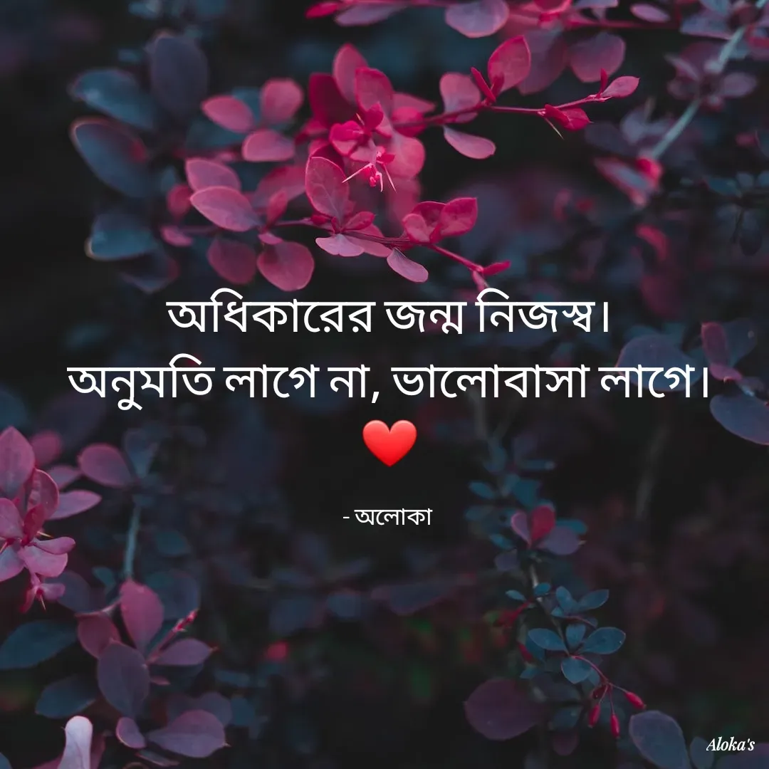 Quote by Aloka Biswas Saha - অধিকারের জন্ম নিজস্ব।
অনুমতি লাগে না, ভালোবাসা লাগে।
❤️

- অলোকা  - Made using Quotes Creator App, Post Maker App