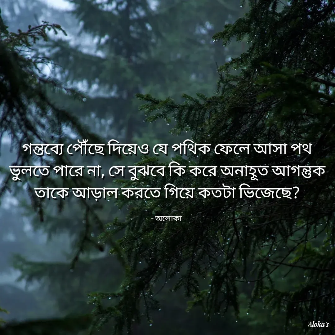 Quote by Aloka Biswas Saha - গন্তব্যে পৌঁছে দিয়েও যে পথিক ফেলে আসা পথ ভুলতে পারে না, সে বুঝবে কি করে অনাহূত আগন্তুক তাকে আড়াল করতে গিয়ে কতটা ভিজেছে?

- অলোকা  - Made using Quotes Creator App, Post Maker App