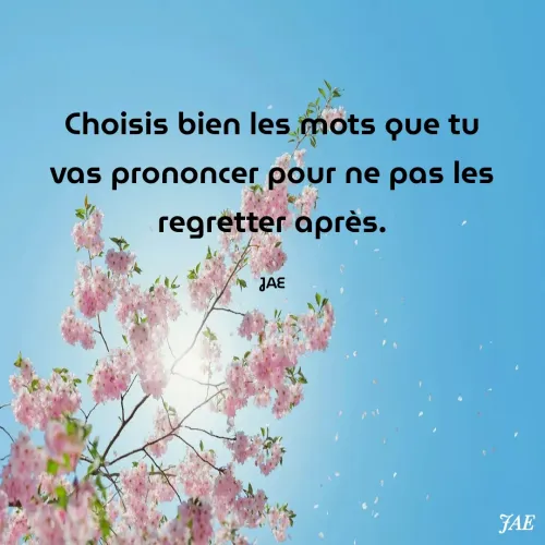 Quote by Jenn A - Choisis bien les mots que tu vas prononcer pour ne pas les regretter après.

JAE - Made using Quotes Creator App, Post Maker App