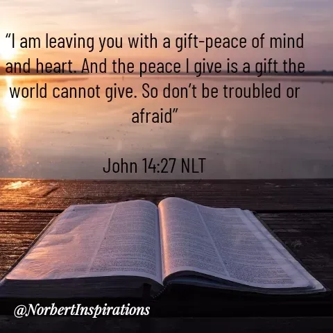 Quote by Norbert Tales - “I am leaving you with a gift-peace of mind and heart. And the peace I give is a gift the world cannot give. So don’t be troubled or afraid”

John 14:27 NLT - Made using Quotes Creator App, Post Maker App