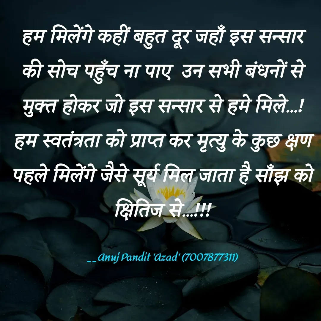 Quote by ANUJ PANDIT AZAD - हम मिलेंगे कहीं बहुत दूर जहाँ इस सन्सार की सोच पहुँच ना पाए  उन सभी बंधनों से मुक्त होकर जो इस सन्सार से हमे मिले...! हम स्वतंत्रता को प्राप्त कर मृत्यु के कुछ क्षण पहले मिलेंगे जैसे सूर्य मिल जाता है साँझ को क्षितिज से...!!!

__Anuj Pandit 'Azad' (7007877311) - Made using Quotes Creator App, Post Maker App