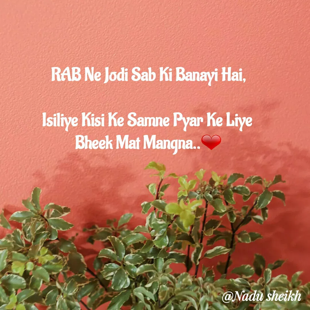 Quote by Nadu Sheikh - RAB Ne Jodi Sab Ki Banayi Hai,

Isiliye Kisi Ke Samne Pyar Ke Liye 
Bheek Mat Mangna..❤ - Made using Quotes Creator App, Post Maker App