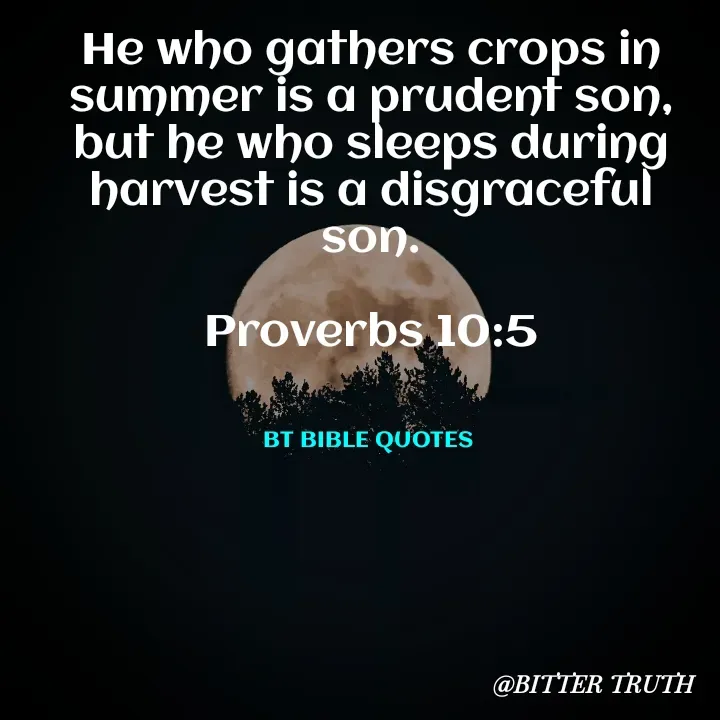Quote by Saabora Micah - 
He who gathers crops in summer is a prudent son, but he who sleeps during harvest is a disgraceful son.

Proverbs 10:5



BT BIBLE QUOTES  - Made using Quotes Creator App, Post Maker App