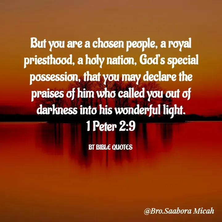 Quote by Saabora Micah - But you are a chosen people, a royal priesthood, a holy nation, God’s special possession, that you may declare the praises of him who called you out of darkness into his wonderful light.
1 Peter 2:9

BT BIBLE QUOTES  - Made using Quotes Creator App, Post Maker App