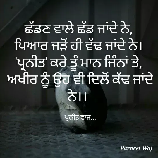 Quote by 😘komal😘 - ਛੱਡਣ ਵਾਲੇ ਛੱਡ ਜਾਂਦੇ ਨੇ, 
ਪਿਆਰ ਜੜੋਂ ਹੀ ਵੱਢ ਜਾਂਦੇ ਨੇ। 
'ਪ੍ਰਨੀਤ' ਕਰੇ ਤੂੰ ਮਾਨ ਜਿੰਨਾਂ ਤੇ, 
ਅਖੀਰ ਨੂੰ ਉਹ ਵੀ ਦਿਲੋਂ ਕੱਢ ਜਾਂਦੇ ਨੇ।।  

ਪ੍ਰਨੀਤ ਵਾਜ... - Made using Quotes Creator App, Post Maker App