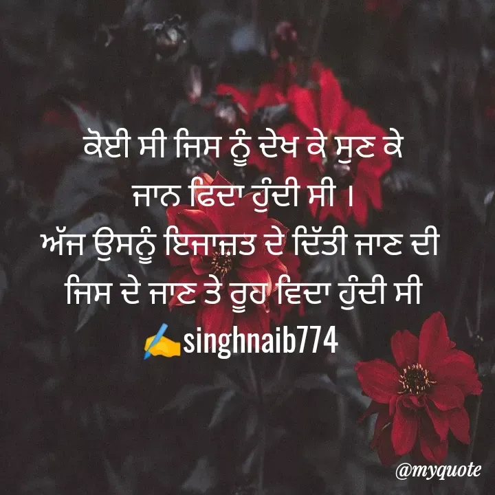 Quote by Naib Singh - ਕੋਈ ਸੀ ਜਿਸ ਨੂੰ ਦੇਖ ਕੇ ਸੁਣ ਕੇ
ਜਾਨ ਫਿਦਾ ਹੁੰਦੀ ਸੀ ।
ਅੱਜ ਉਸਨੂੰ ਇਜਾਜ਼ਤ ਦੇ ਦਿੱਤੀ ਜਾਣ ਦੀ 
 ਜਿਸ ਦੇ ਜਾਣ ਤੇ ਰੂਹ ਵਿਦਾ ਹੁੰਦੀ ਸੀ 
✍️singhnaib774  - Made using Quotes Creator App, Post Maker App