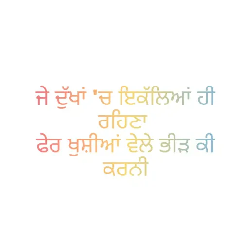 Quote by Anu Anu - ਜੇ ਦੁੱਖਾਂ 'ਚ ਇਕੱਲਿਆਂ ਹੀ ਰਹਿਣਾ 
ਫੇਰ ਖੁਸ਼ੀਆਂ ਵੇਲੇ ਭੀਡ਼ ਕੀ ਕਰਨੀ
 - Made using Quotes Creator App, Post Maker App