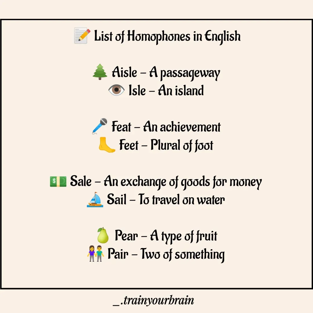 Quote by Train Your Brain - 📝 List of Homophones in English

🌲 Aisle - A passageway 
👁️ Isle - An island 

🎤 Feat - An achievement 
🦶 Feet - Plural of foot 

💵 Sale - An exchange of goods for money 
⛵ Sail - To travel on water 

🍐 Pear - A type of fruit 
👫 Pair - Two of something 
 - Made using Quotes Creator App, Post Maker App