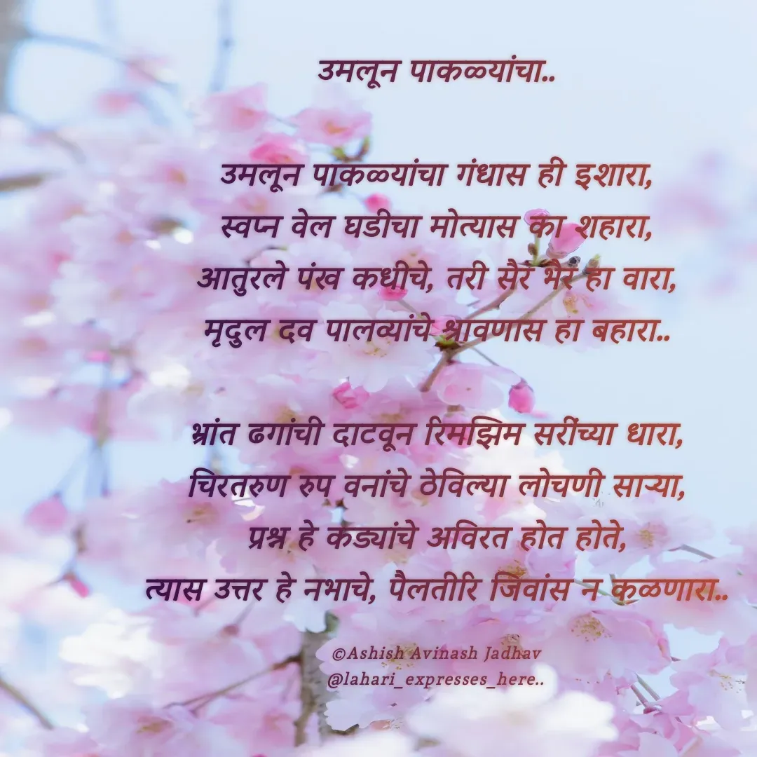 Quote by Ashish Jadhav - उमलून पाकळ्यांचा..

उमलून पाकळ्यांचा गंधास ही इशारा,
स्वप्न वेल घडीचा मोत्यास का शहारा,
आतुरले पंख कधीचे, तरी सैर भैर हा वारा,
मृदुल दव पालव्यांचे श्रावणास हा बहारा..

भ्रांत ढगांची दाटवून रिमझिम सरींच्या धारा,
चिरतरुण रुप वनांचे ठेविल्या लोचणी साऱ्या,
प्रश्न हे कड्यांचे अविरत होत होते,
त्यास उत्तर हे नभाचे, पैलतीरि जिवांस न कळणारा..

©Ashish Avinash Jadhav
@lahari_expresses_here.. - Made using Quotes Creator App, Post Maker App